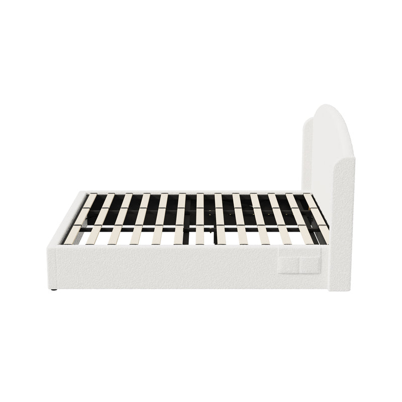 Oikiture Bed Frame King With Gas Lift Storage USB Charging Boucle