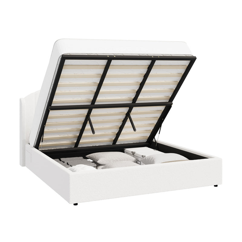 Oikiture Bed Frame King With Gas Lift Storage USB Charging Boucle