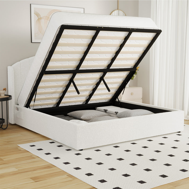 Oikiture Bed Frame King With Gas Lift Storage USB Charging Boucle