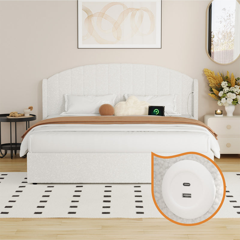 Oikiture Bed Frame King With Gas Lift Storage USB Charging Boucle