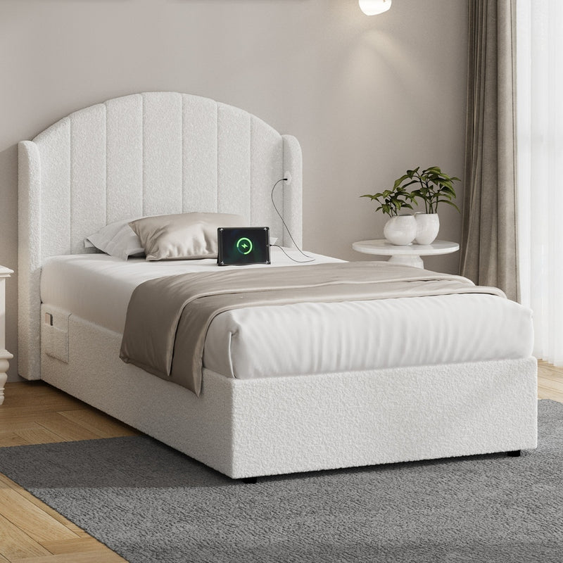 Oikiture Bed Frame King Single Gas Lift Storage USB Charging Boucle