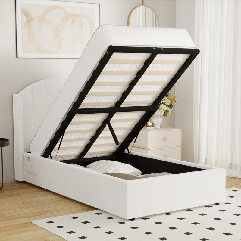 Oikiture Bed Frame King Single Gas Lift Storage USB Charging Boucle