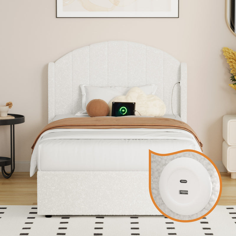 Oikiture Bed Frame King Single Gas Lift Storage USB Charging Boucle