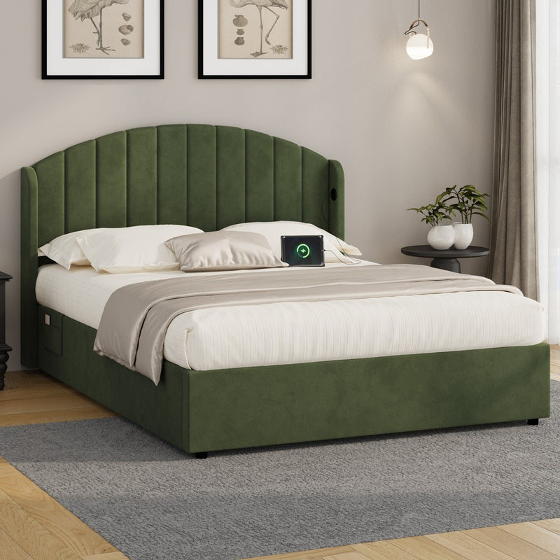 Oikiture Bed Frame Queen With Gas Lift Storage USB Charging Velvet