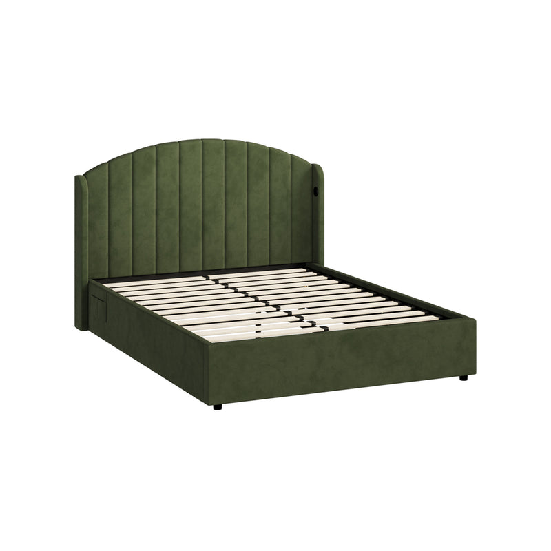 Oikiture Bed Frame Queen With Gas Lift Storage USB Charging Velvet