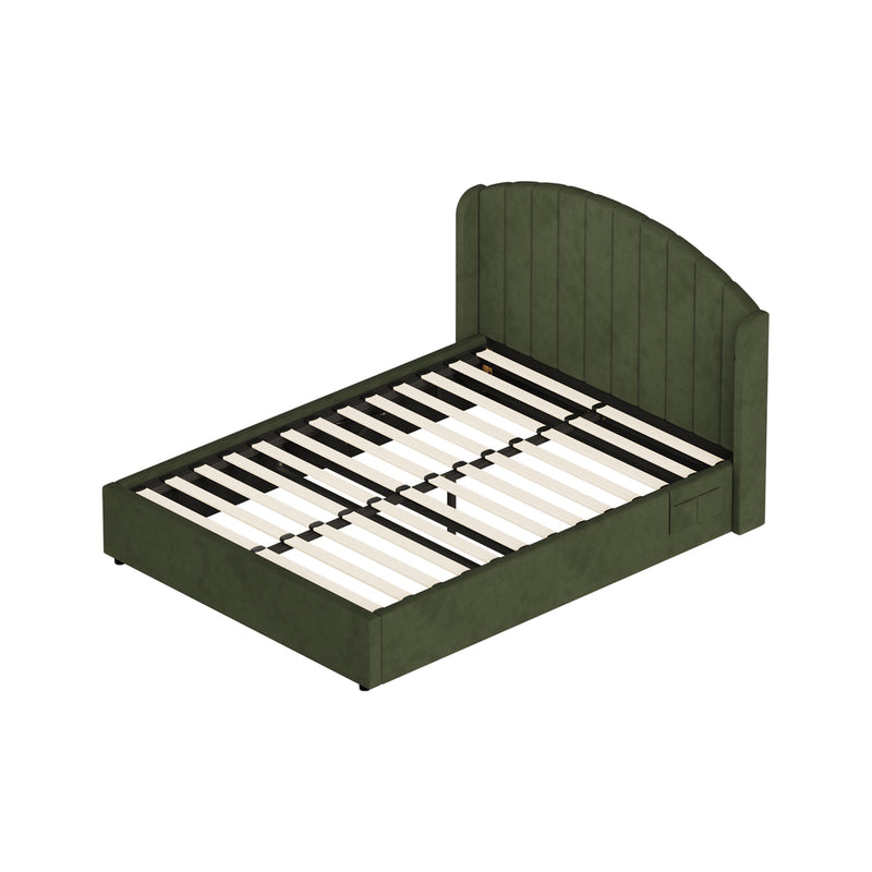 Oikiture Bed Frame Queen With Gas Lift Storage USB Charging Velvet