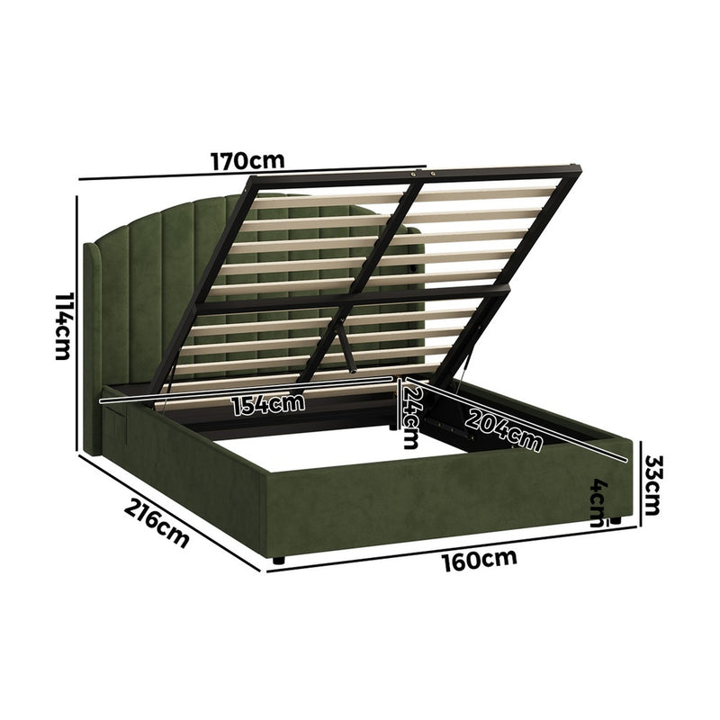 Oikiture Bed Frame Queen With Gas Lift Storage USB Charging Velvet
