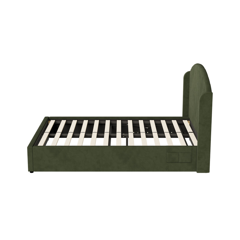 Oikiture Bed Frame Queen With Gas Lift Storage USB Charging Velvet