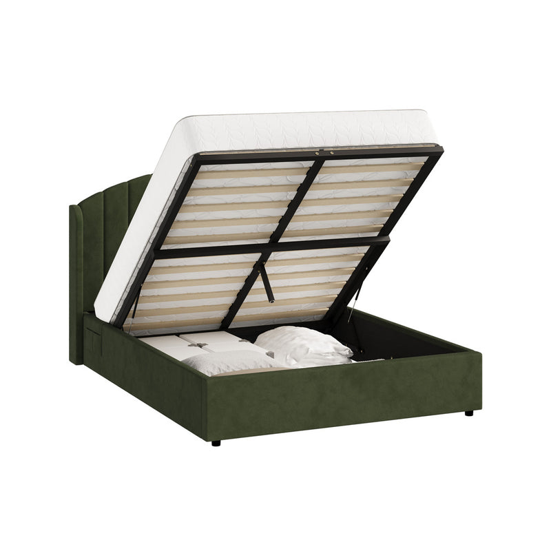 Oikiture Bed Frame Queen With Gas Lift Storage USB Charging Velvet