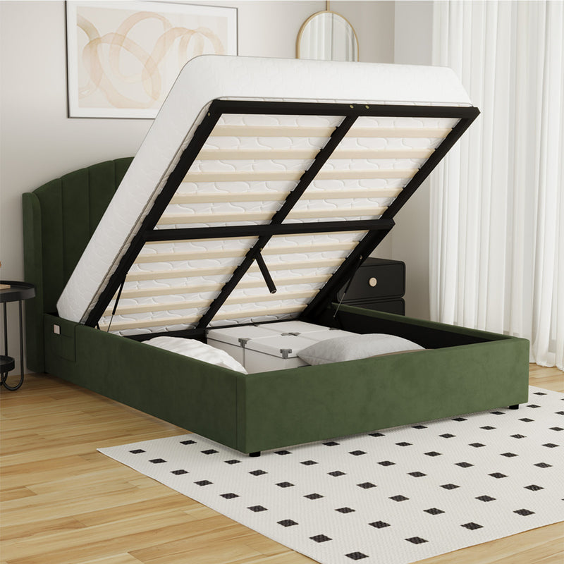 Oikiture Bed Frame Queen With Gas Lift Storage USB Charging Velvet