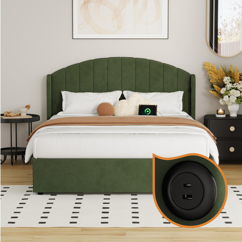 Oikiture Bed Frame Queen With Gas Lift Storage USB Charging Velvet