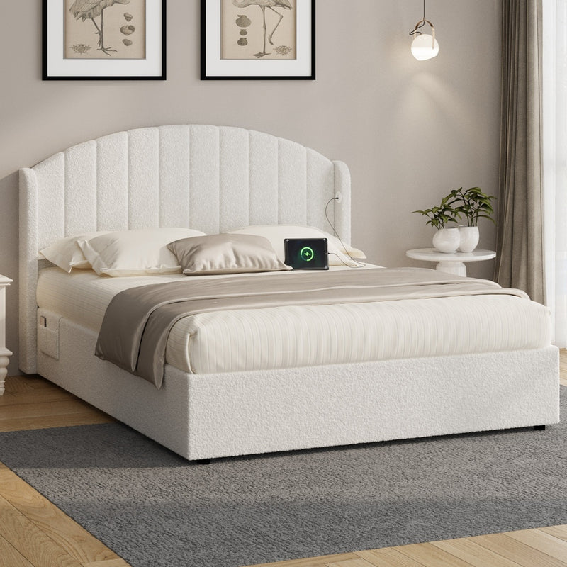 Oikiture Bed Frame Queen With Gas Lift Storage USB Charging Boucle