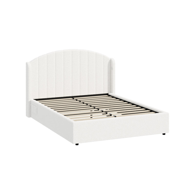 Oikiture Bed Frame Queen With Gas Lift Storage USB Charging Boucle