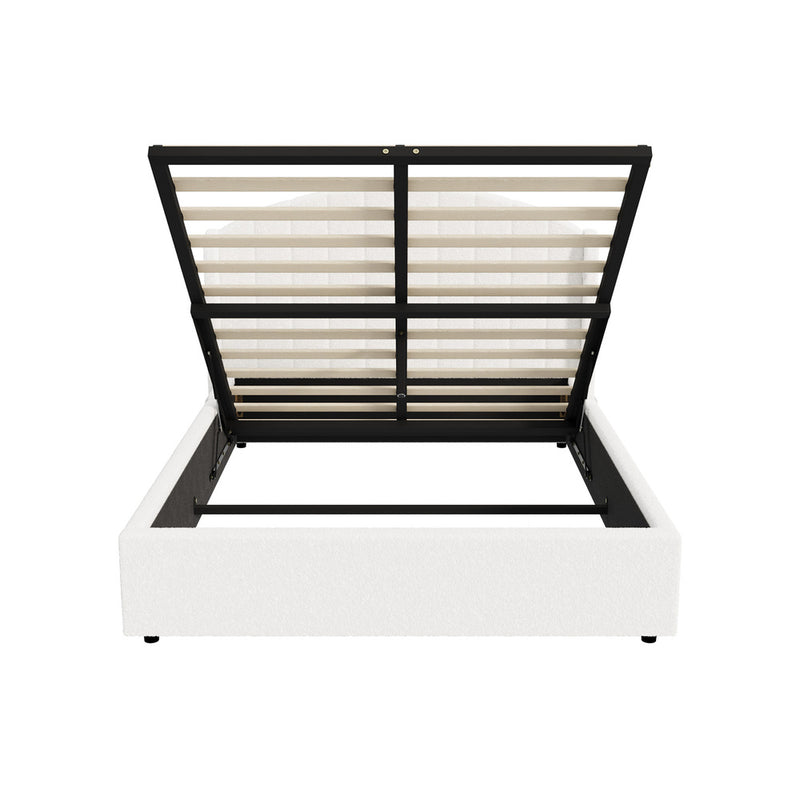 Oikiture Bed Frame Queen With Gas Lift Storage USB Charging Boucle