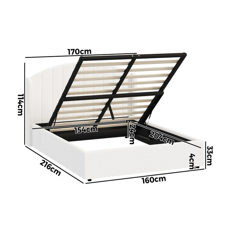 Oikiture Bed Frame Queen With Gas Lift Storage USB Charging Boucle