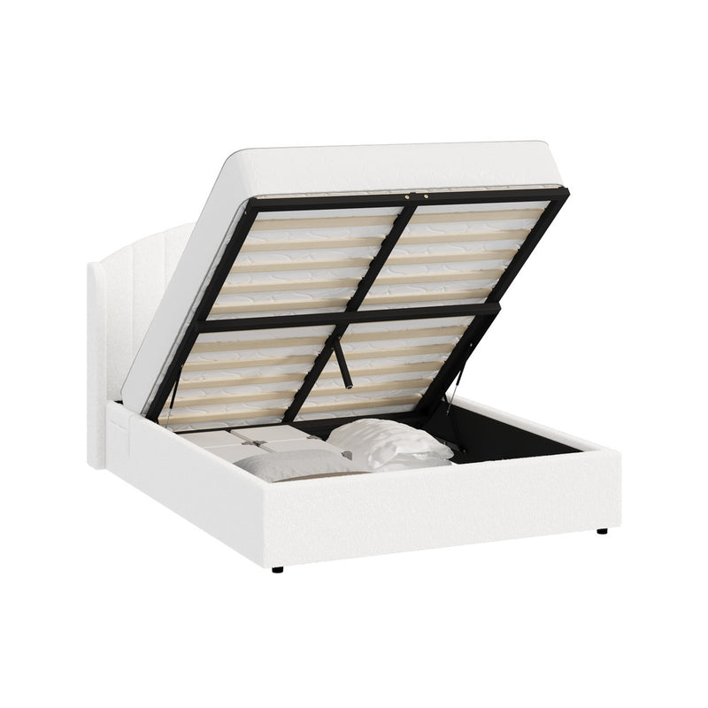 Oikiture Bed Frame Queen With Gas Lift Storage USB Charging Boucle