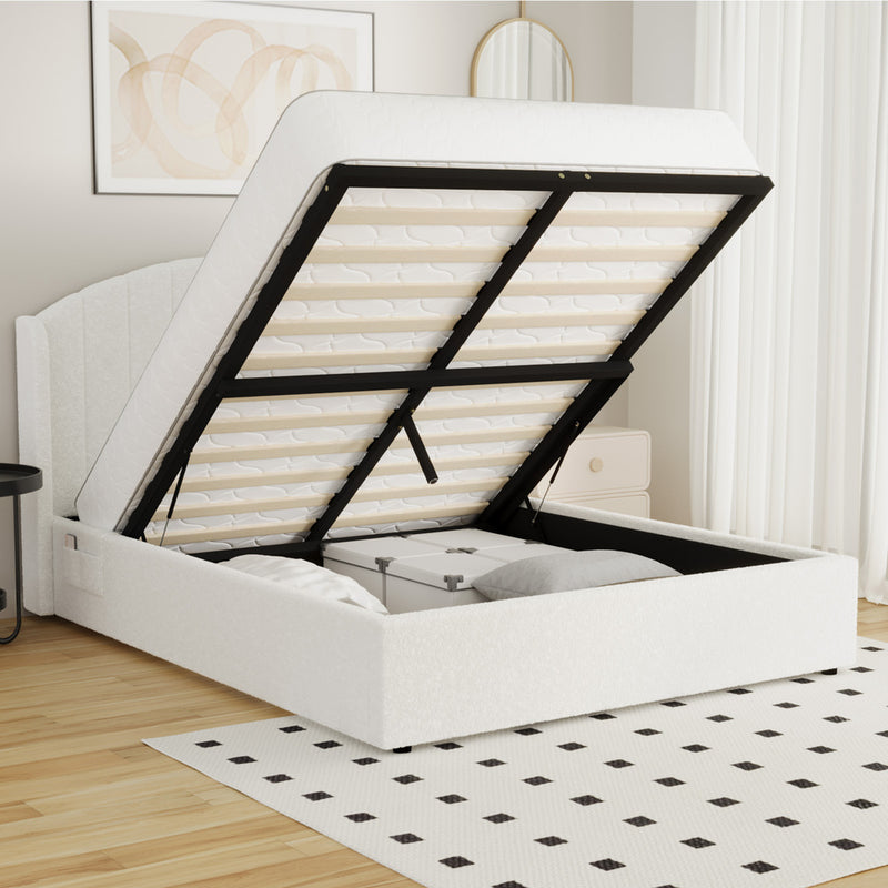 Oikiture Bed Frame Queen With Gas Lift Storage USB Charging Boucle