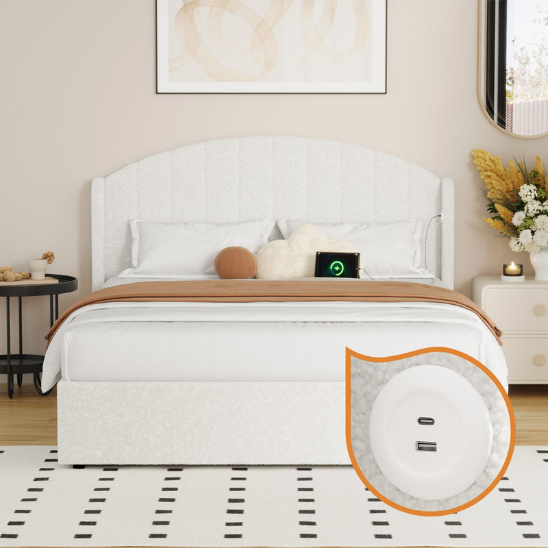 Oikiture Bed Frame Queen With Gas Lift Storage USB Charging Boucle
