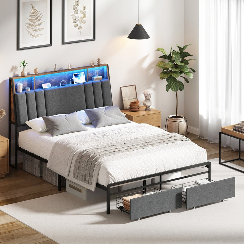 Oikiture Bed Frame Double LED Storage Drawer & Charging Station