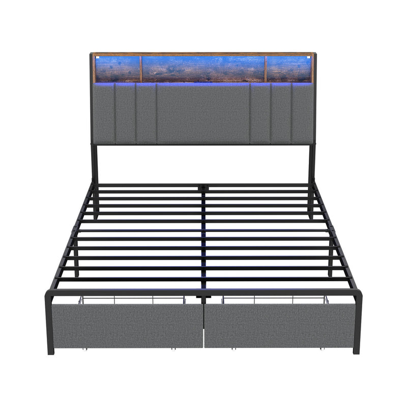 Oikiture Bed Frame Double LED Storage Drawer & Charging Station