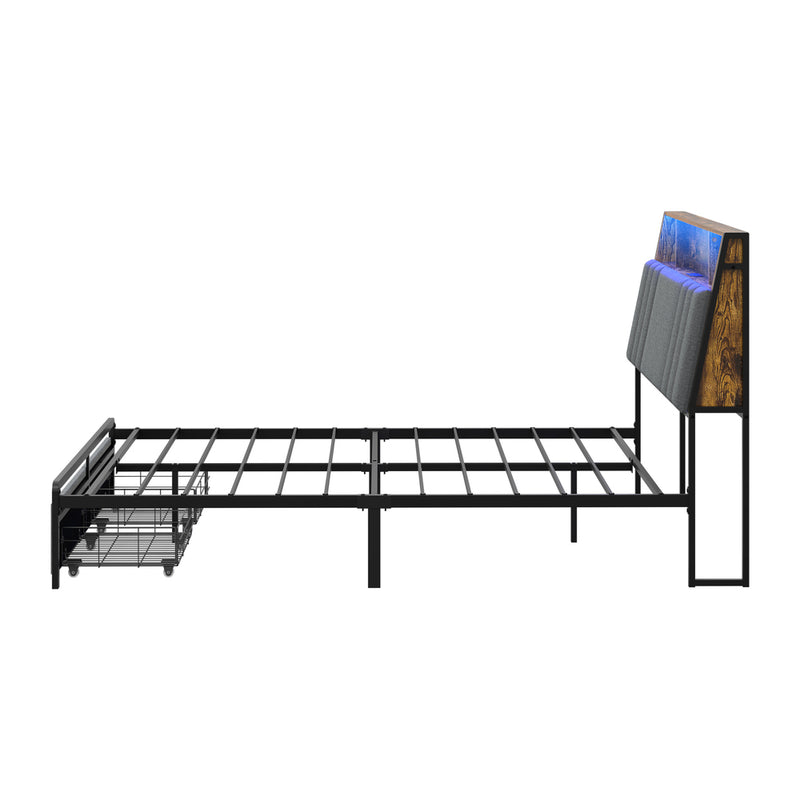 Oikiture Bed Frame Double LED Storage Drawer & Charging Station