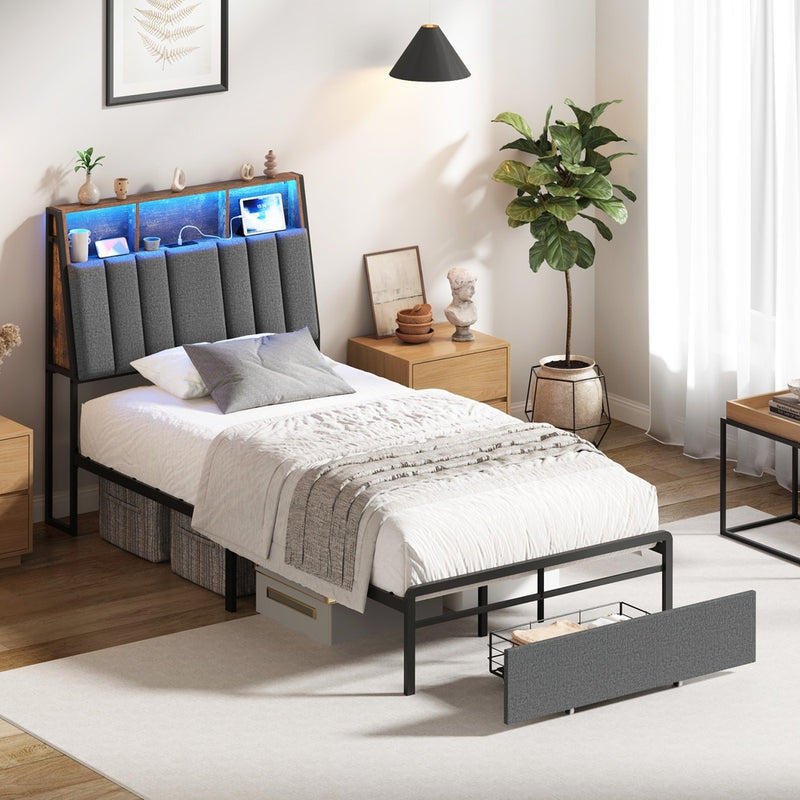 Oikiture Bed Frame King Single LED Storage Drawer & Charging Station