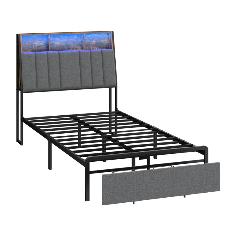Oikiture Bed Frame King Single LED Storage Drawer & Charging Station