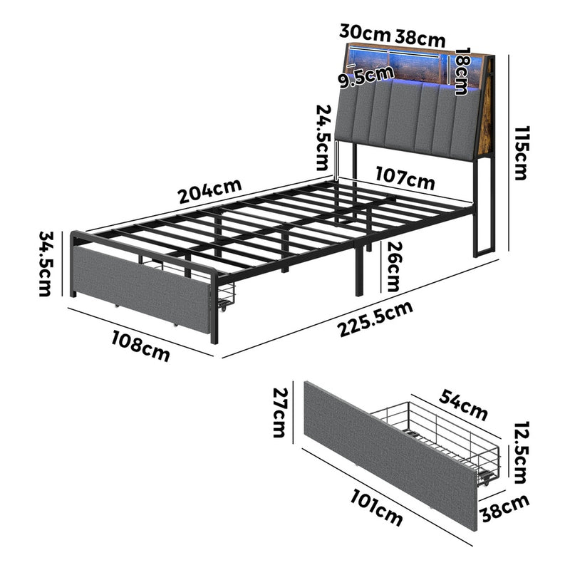 Oikiture Bed Frame King Single LED Storage Drawer & Charging Station
