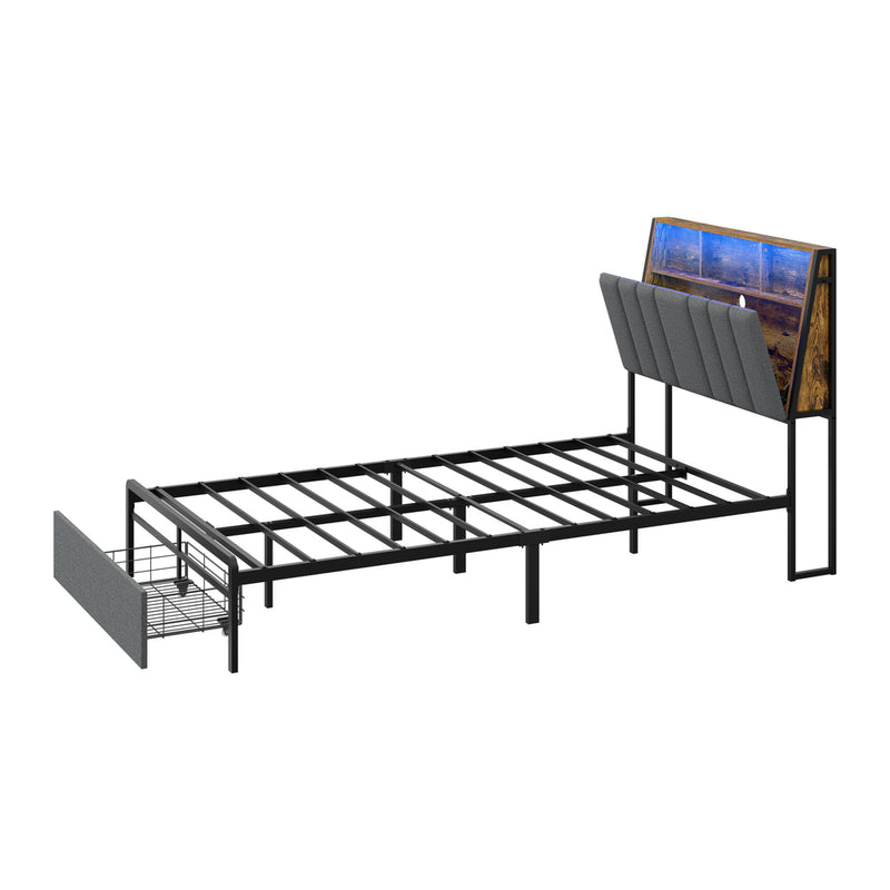 Oikiture Bed Frame King Single LED Storage Drawer & Charging Station