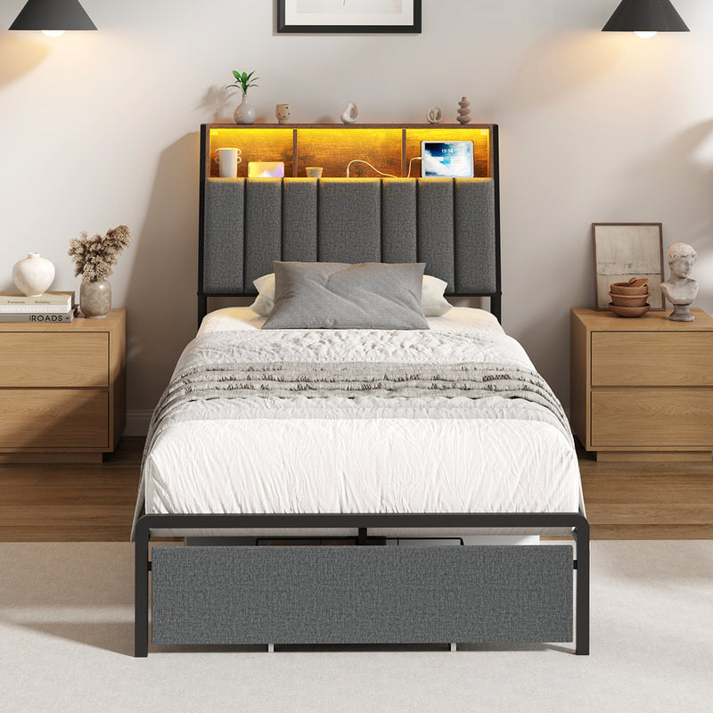Oikiture Bed Frame King Single LED Storage Drawer & Charging Station