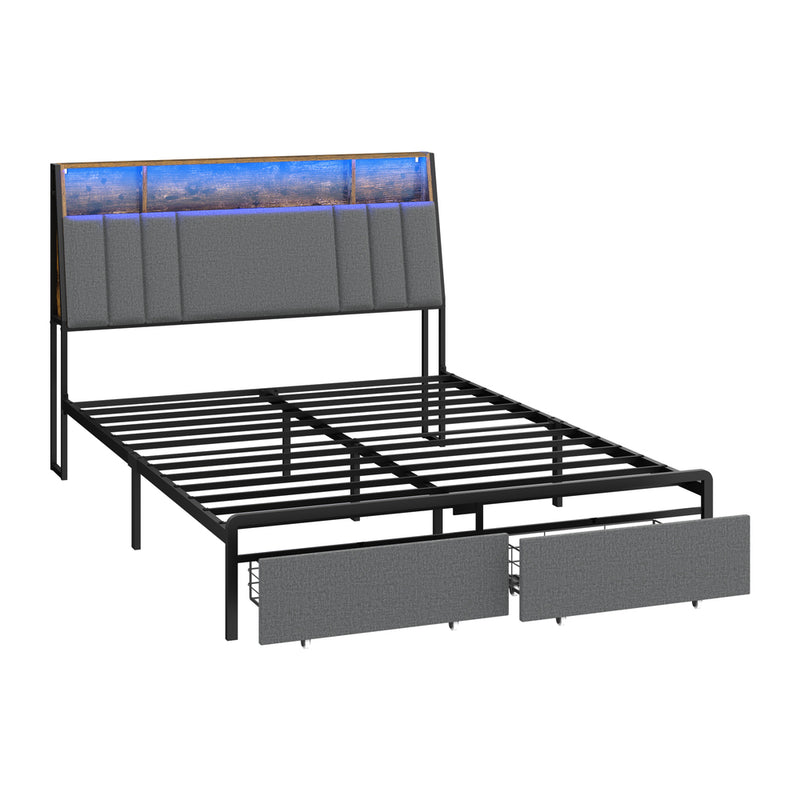Oikiture Bed Frame Queen LED Storage Drawer & Charging Station