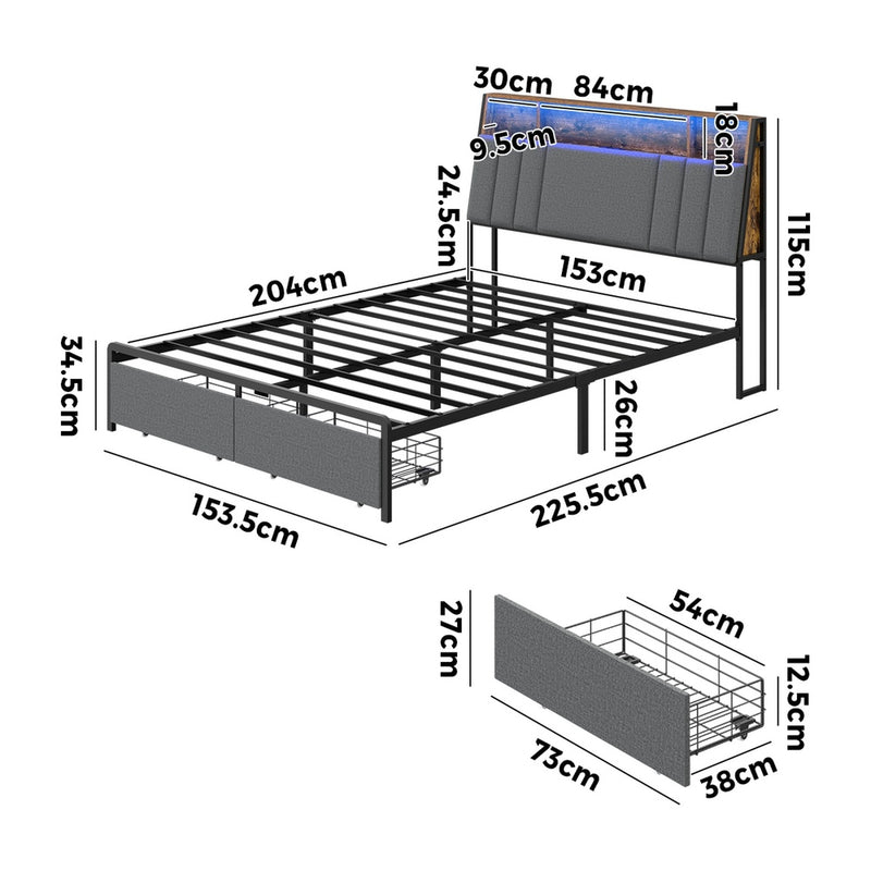 Oikiture Bed Frame Queen LED Storage Drawer & Charging Station