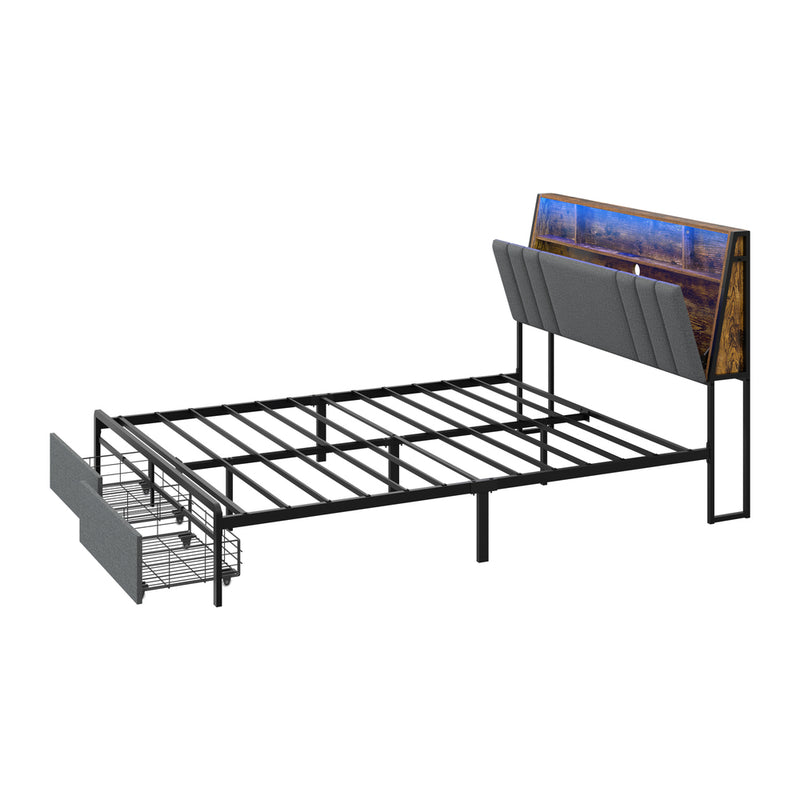 Oikiture Bed Frame Queen LED Storage Drawer & Charging Station
