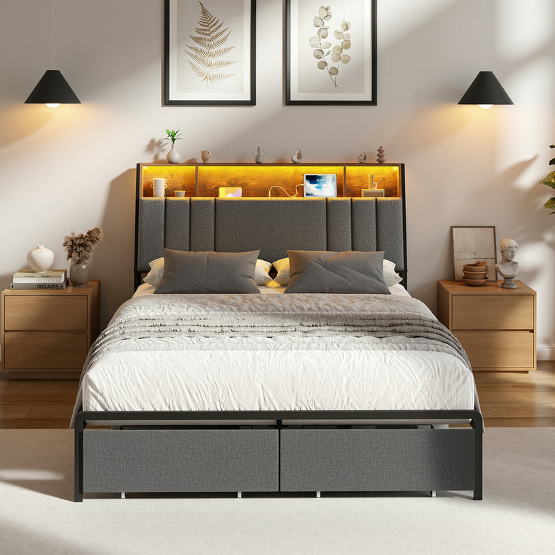 Oikiture Bed Frame Queen LED Storage Drawer & Charging Station