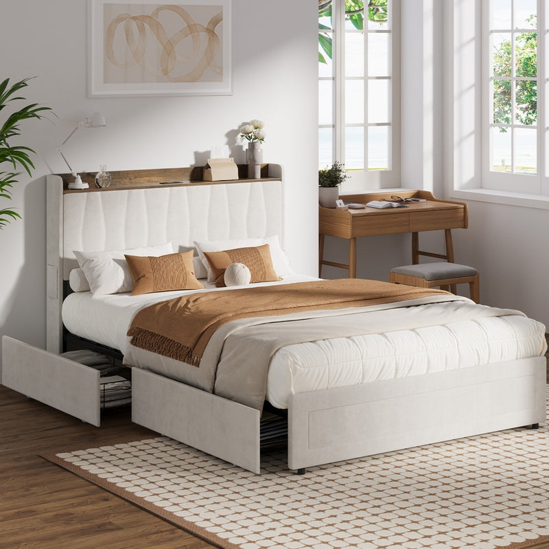 Oikiture Double Bed Frame with 4 Drawers Charging Station Beige