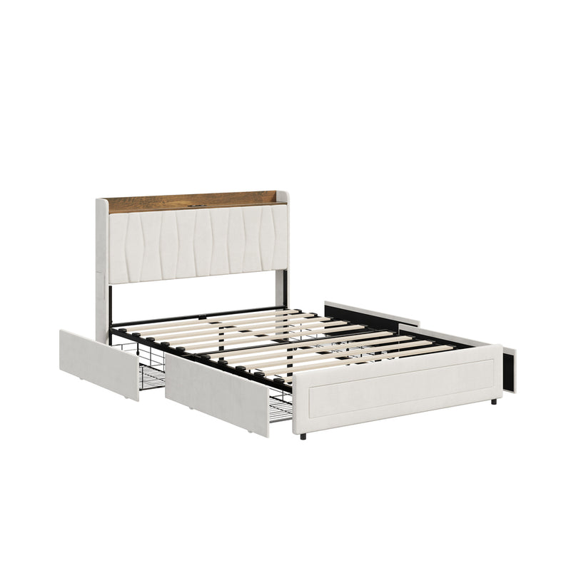 Oikiture Double Bed Frame with 4 Drawers Charging Station Beige