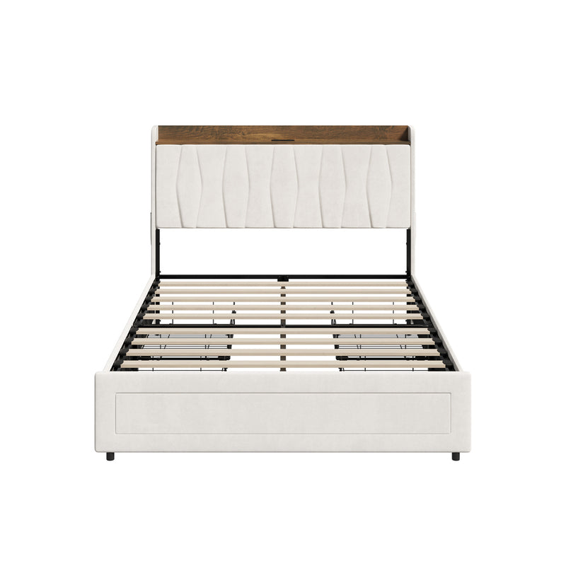 Oikiture Double Bed Frame with 4 Drawers Charging Station Beige