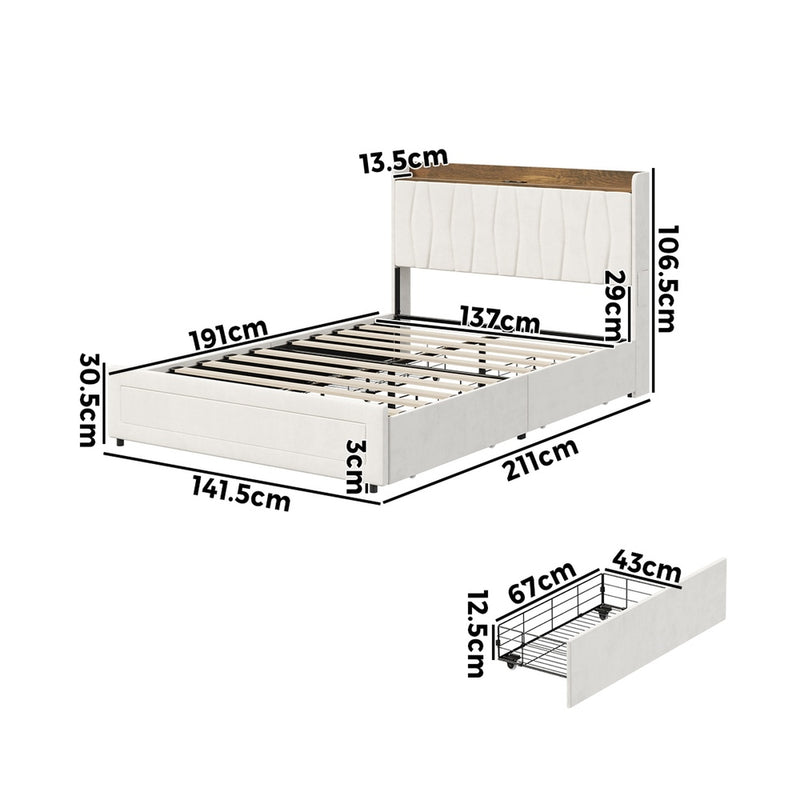 Oikiture Double Bed Frame with 4 Drawers Charging Station Beige