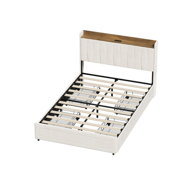 Oikiture Double Bed Frame with 4 Drawers Charging Station Beige