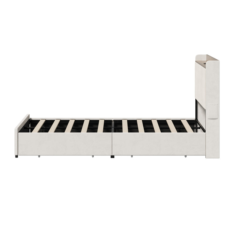Oikiture Double Bed Frame with 4 Drawers Charging Station Beige