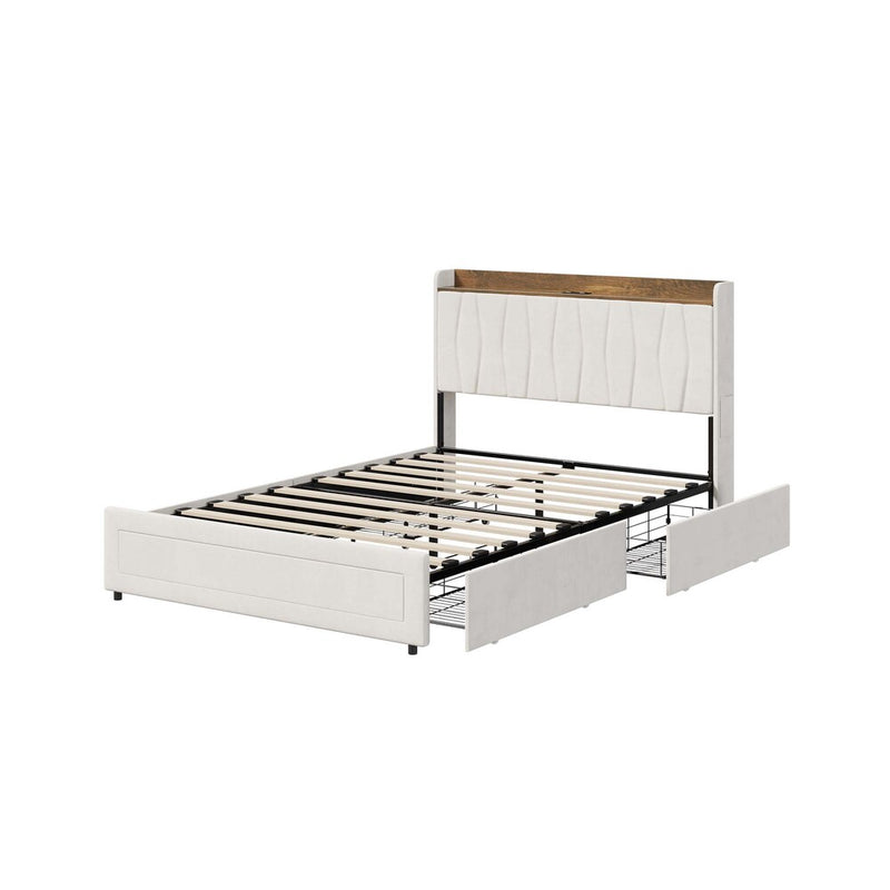 Oikiture Double Bed Frame with 4 Drawers Charging Station Beige