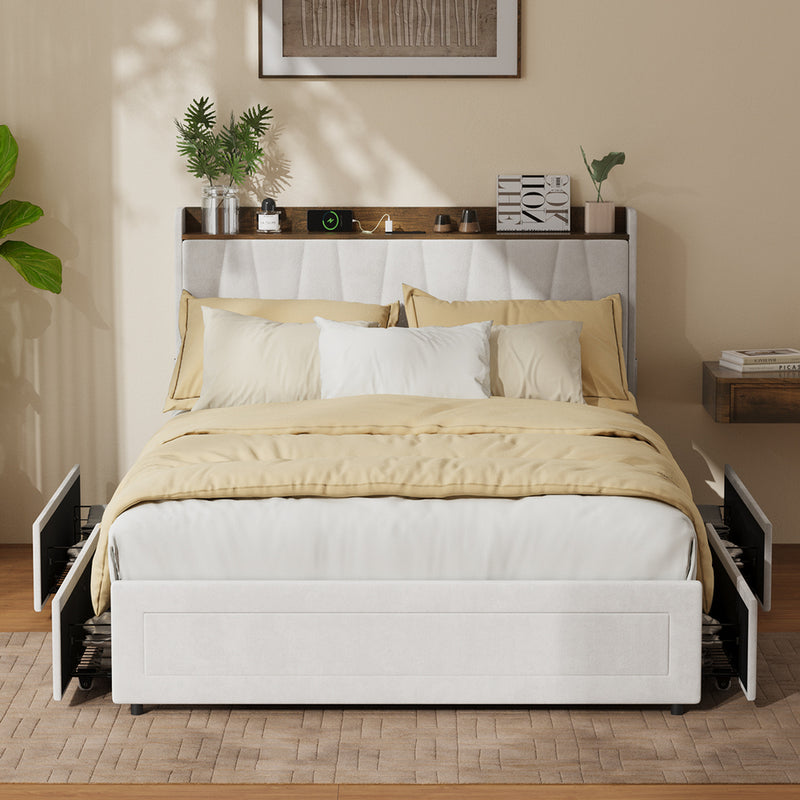 Oikiture Double Bed Frame with 4 Drawers Charging Station Beige