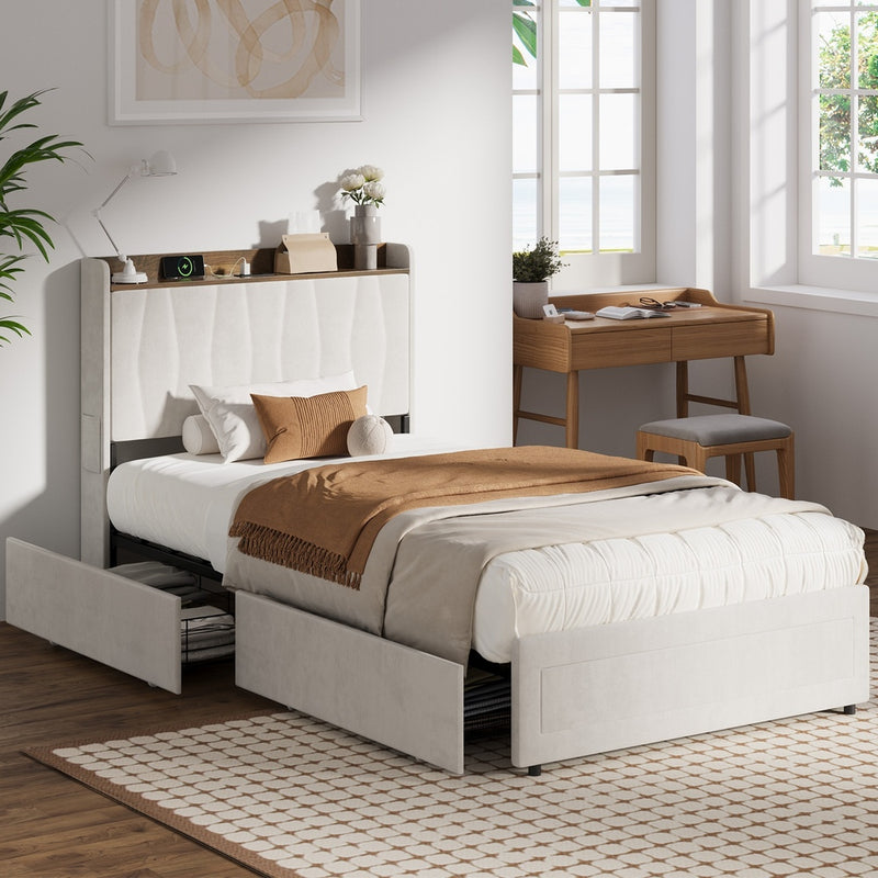 Oikiture King Single Bed Frame 4 Drawers Charging Station Beige