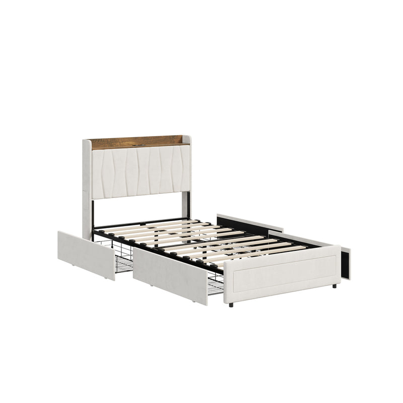 Oikiture King Single Bed Frame 4 Drawers Charging Station Beige