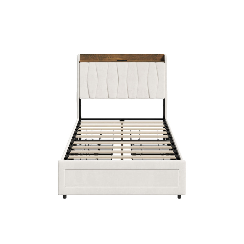 Oikiture King Single Bed Frame 4 Drawers Charging Station Beige