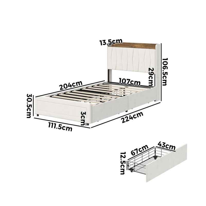 Oikiture King Single Bed Frame 4 Drawers Charging Station Beige