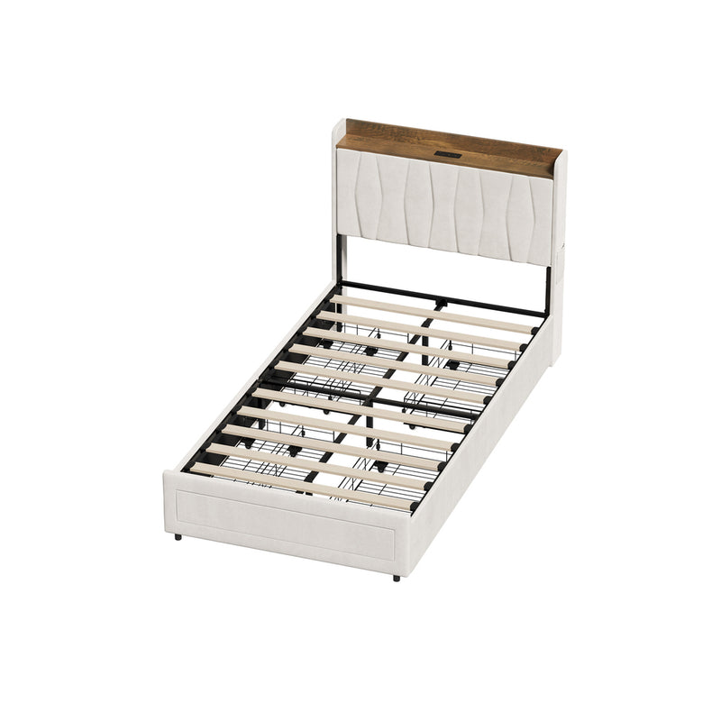Oikiture King Single Bed Frame 4 Drawers Charging Station Beige