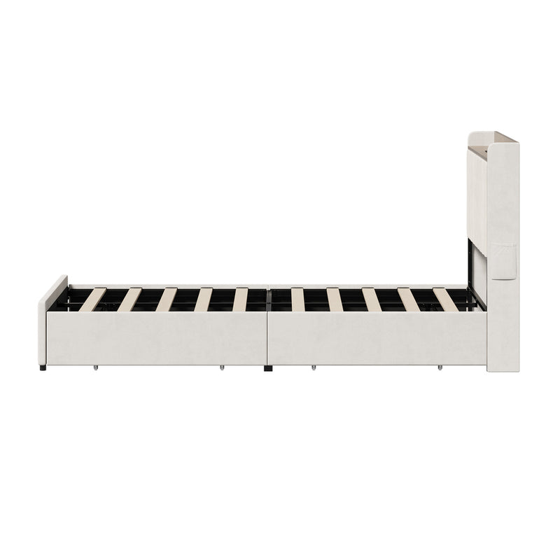 Oikiture King Single Bed Frame 4 Drawers Charging Station Beige