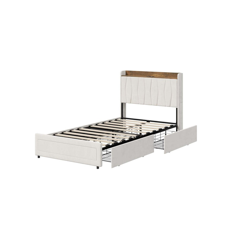 Oikiture King Single Bed Frame 4 Drawers Charging Station Beige