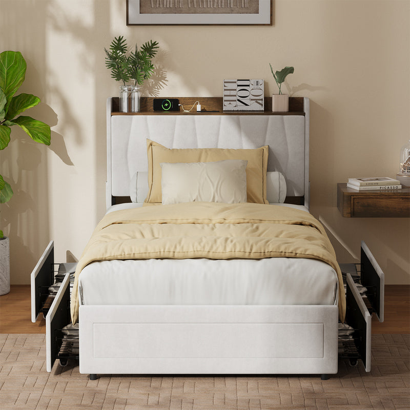 Oikiture King Single Bed Frame 4 Drawers Charging Station Beige